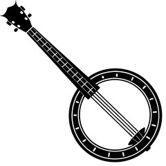 Detailed vector of vintage banjo with open back design, realistic strings, and metallic tuning pegs isolated on white background, suitable for music school, logo design, or print material
