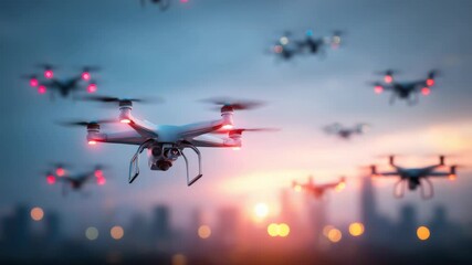 Aerial swarm of drones flying over city at twilight for modern surveillance concept - Powered by Adobe