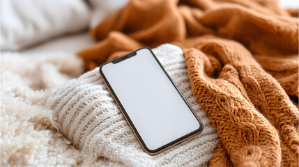 Mobile phone placed on cozy bedding, empty screen