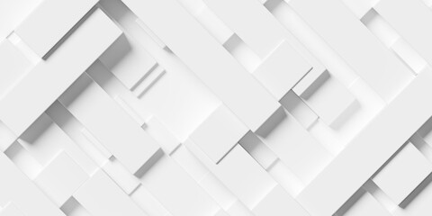 Naklejka na ściany i meble Random offset white rectangle boxes stripes diagonal overlay geometrical background wallpaper banner pattern flat lay top view from above