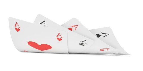 Four aces playing cards overlapping bend flat on white table background