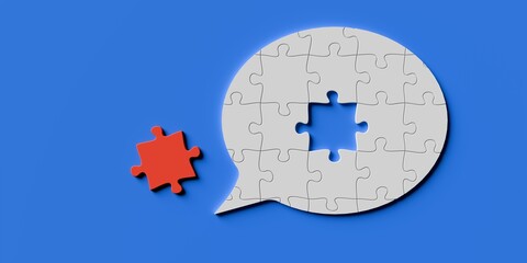 White jigsaw puzzle speech bubble with one red piece next to it over blue background, flat lay top view from above, communication concept