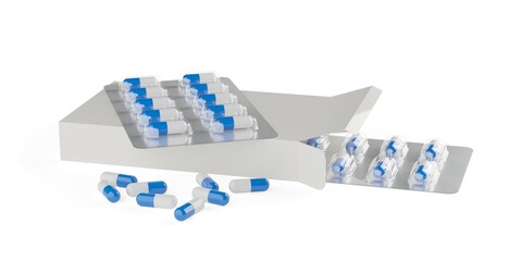White box with pill blister inside and on top and pill capsules in front on white background