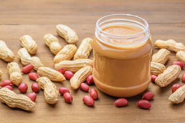 Closeup view of a jar of tasty peanut butter