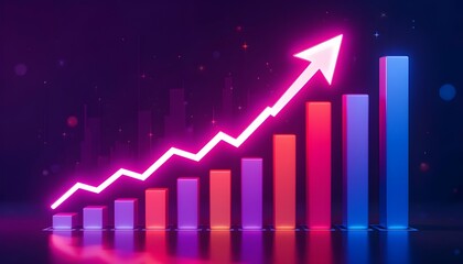 Business growth chart with upward arrow on red background showing financial progress and success