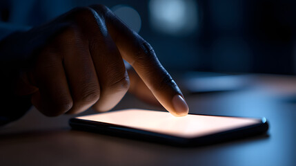 Close-up of hand tapping on blank smartphone screen 