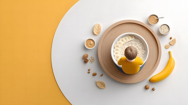 A stylized man enjoys peanut butter banana oatmeal after work, with ingredients artfully arranged on a circular plate on a colorful surface, promoting healthy eating. - Powered by Adobe