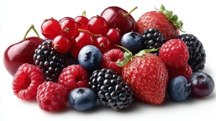 Mixed Berries Pile on White Surface - Currant, Cherry, Strawberry