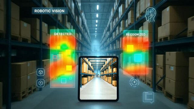 AI-powered robotic vision system detecting and recognizing objects in a modern warehouse with HUD interface