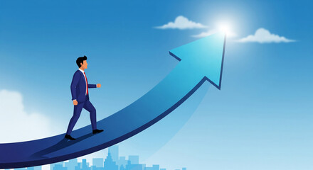 Obraz premium A businessman in a blue suit climbing an upward arrow against a bright blue sky with a glowing light at the top, symbolizing success or ambition. A city skyline is visible at the bottom.