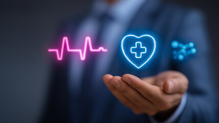 Businessman Promoting Healthcare with Medical Icons and Shield