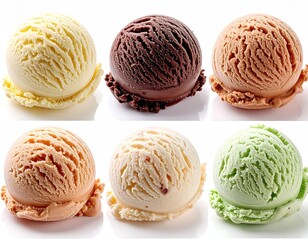 Fototapeta premium scoop of ice cream, different flavors set of 6, side view, isolated on white backgrou