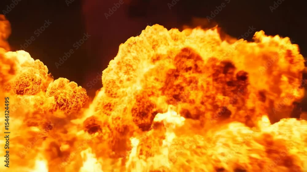 Poster fiery explosion sequence: dynamic fireball and intense flames erupting in dark scene