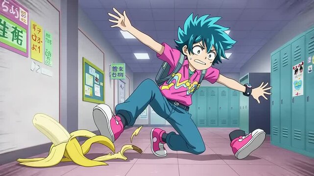 Boy slips on banana peel in school hallway, surrounded by lockers and colorful posters