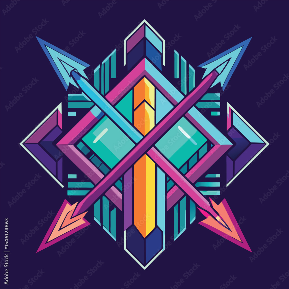 Poster digital arrow: neon geometry in symmetrical abstraction