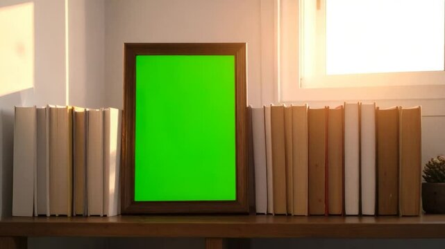 Green screen frame bookshelf mockup