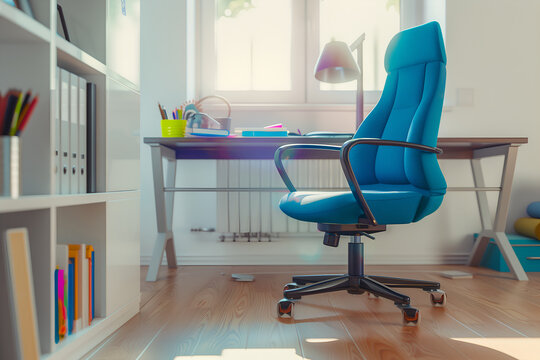 Study desk with colorful stationery, books, potted plant, turquoise chair, and white shelves on a clean white wall. Creative and organized teenage study space. - Powered by Adobe