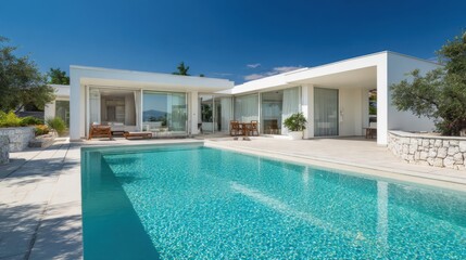 A modern house with a rectangular swimming pool filled with crystal-clear water reflecting the blue sky