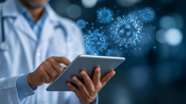 Doctor analyzing medical data on a tablet with glowing visuals