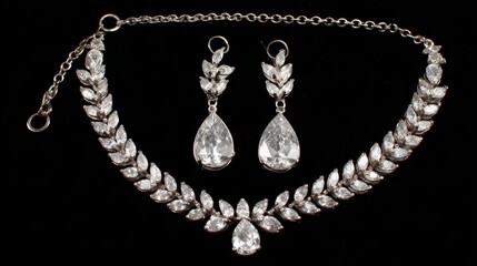 Bridal necklace set with matching earrings arranged on pure white