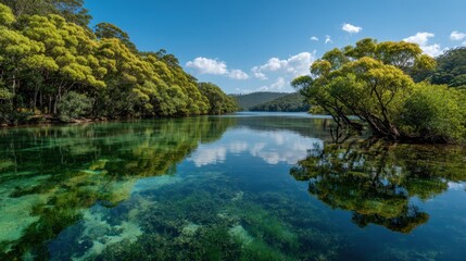 Fototapeta premium Bright green mangroves lining a calm, shallow lagoon with reflections in the water