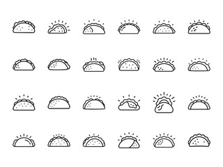 Minimal Taco Icons Collection – 25 Outline Mexican Taco Silhouettes in Hand-Drawn Style with Line Art Look on White Background for Menu Design, Food Delivery Apps, and Culinary Branding