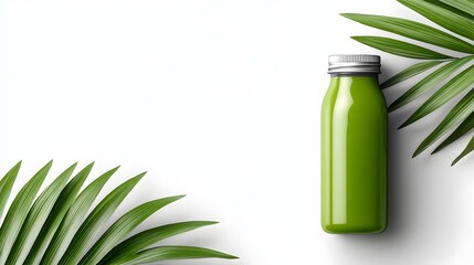 A close up and minimalist label detail of a detox green juice bottle surrounded by palm leaves creates a fresh and healthy product presentation mockup scene.