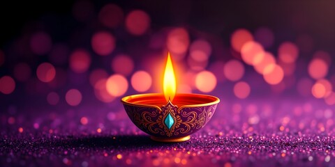 Traditional diwali diya with glowing flame and festive bokeh background for indian celebration and festival decoration