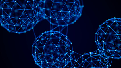 Abstract spheres with connected dots and lines. Illustration with elements of viruses, bacteria on a dark background. 3d