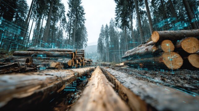Technological Integration in Forestry: Data Overlay on Timber Stacks in Forest - Powered by Adobe