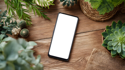 Top view of smartphone on wooden table with small decorative plants, blank screen mockup