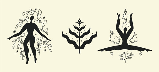 Vector set, boho sacred magical woman, plant. Flat holistic healing meditation. Modern abstract silhouette.