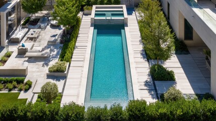Elevated view of a modern house with a clear backyard pool surrounded by garden features