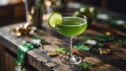 Shamrock cocktail, in a coupe glass. The drink is green in color, with a foam of egg whites. The cocktail is decorated with a slice of lime. The background is blurred with St. Patrick's Day style.