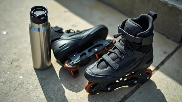 Modern inline skates and a metal water bottle on concrete, a still life concept for active lifestyle and hydration.
