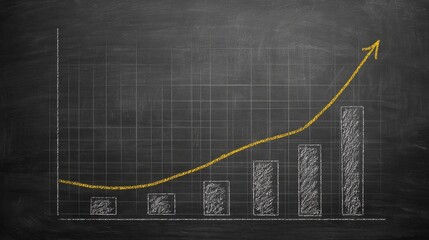 Black chalkboard background with white grid forming a rectangular coordinate system, featuring a yellow upward-curving trend line with arrow indicating growth