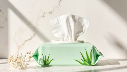 Aloe vera baby wipes in an open pack on a light background  