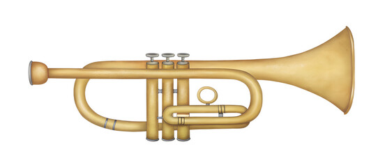 Watercolor illustration of a golden trumpet on transparent background. © beyouenked