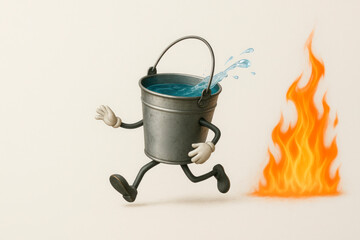 A revived bucket runs away from the fire, spilling water. Space for text.