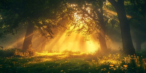 Golden Hour Forest Sunlit Trees Misty Meadow Magical Nature Scene Peaceful Landscape Ambient Light Woodland Setting Fantasy Background