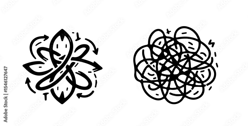 Poster a comparison of organized and chaotic line art featuring a structured knot and a tangled scribble de