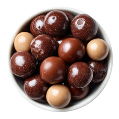 Top View Bowl Of Assorted Chocolate Candy Balls Isolated On Transparent Background. Chocolate Candy Bowl