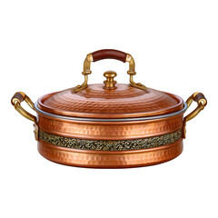 Ornate copper cooking pot with lid brass accents and wooden handles Isolate