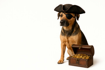 A pirate dog guards a treasure chest. Space for text.