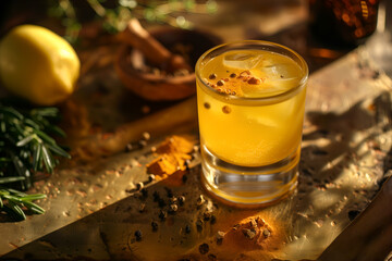 A glowing turmeric tonic in a clear glass on a rustic table, surrounded by turmeric, pepper, lemon, and herbs. Warm directional lighting highlights the wellness and natural aesthetic.