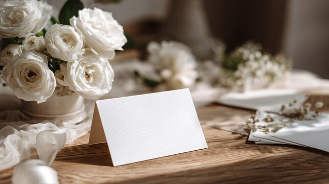 A minimalist wedding white voucher mock-up placed on a table decorated with white roses, silk ribbons, and wedding invitations. Soft lighting with a classic wedding feel, wedding voucher, 16:9 - Powered by Adobe