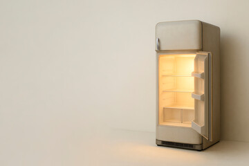 An antique refrigerator glows with a warm light from the inside. Space for text.