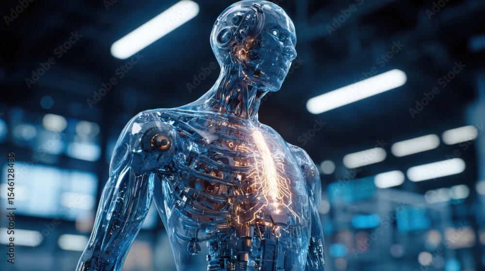 Poster cybernetic ai human with transparent skin showcasing internal circuits and mechanical bones, standin
