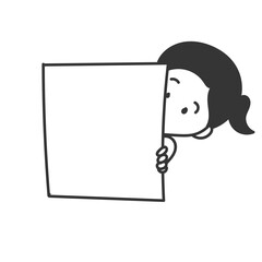 cute girl holding blank space in  doodle cartoon illustration