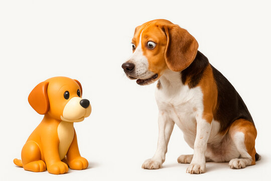 A surprised beagle looks at his toy copy.